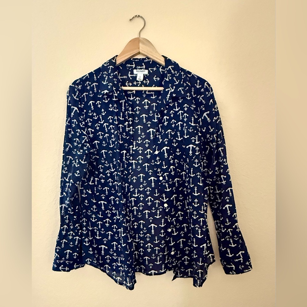 Old Navy Navy Blue Anchor Print Women's Button Down Shirt